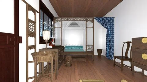 3D Rendering Ancient Chinese Bedroom Stock Illustration