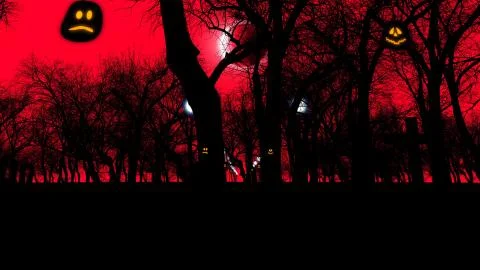 3D rendering of an ancient graveyard with two lit pumpkins and sinister trees Ilustración de archivo