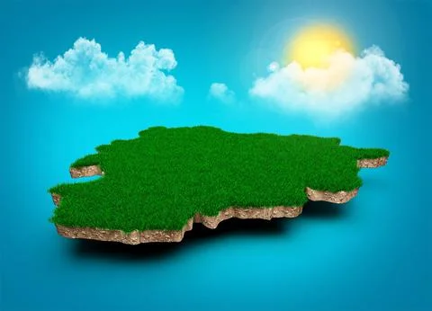3D rendering of Andorra Map, Map of Clouds Tree sun rays on bright blue Sky. Illustrazione stock