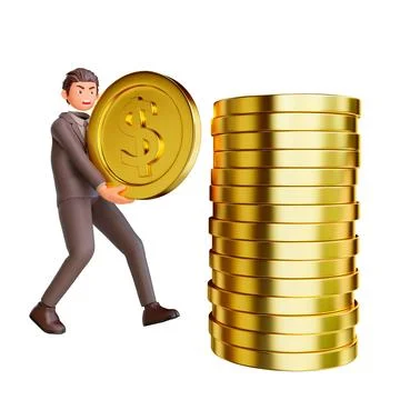 3d rendering of an angry businessman adding another dollar to the pile of coins Stock Illustration