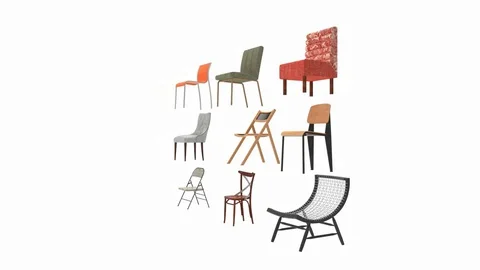3D rendering animation of a collection of home indoor chair seating furniture Stock Footage 128178598