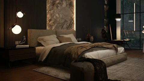 3D rendering animation Modern Dramatic Bedroom Interior With Double Bed. Stock Footage 237977357