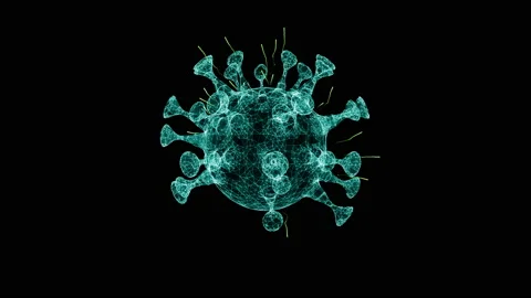 3D rendering animation of neon blue coronavirus cells flowing black screen Stock Footage 130421705