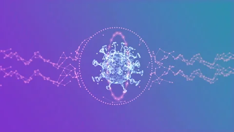 3D rendering animation of neon blue coronavirus cells flowing black screen Stock Footage 130422400