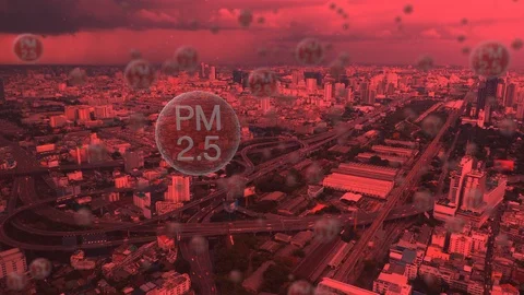 3D Rendering, Animation of PM 2.5 dust particle sign in city scape background Stock Footage 124348553