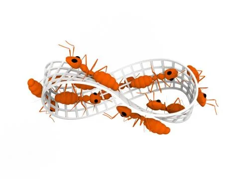 3d rendering of ants walking on a infinity figure isolated in white backgroun Stock Illustration
