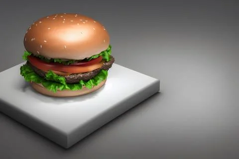 3D rendering of an appetizing burger on a gray surface Foto stock
