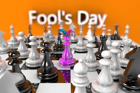 3D rendering April Fools' Day. Chess piece in a jester's hat. Stock Illustration