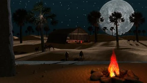 3d rendering of an arabian desert with a fire 스톡 일러스트