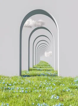 3d rendering. Arch hallway simple geometric background, architectural corrido Illustrazione stock