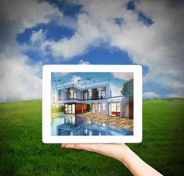 3D Rendering Architect showing new house project with tablet Stock Illustration