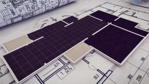 3d rendering of  Architectural project, blueprints, blueprint rolls on plans. Illustrazione stock