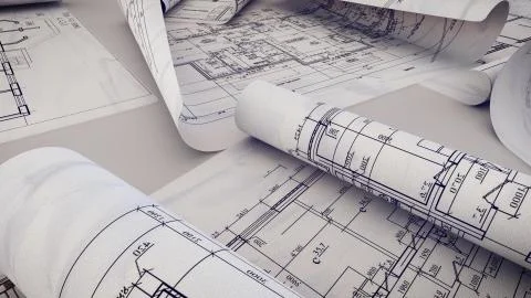 3d rendering of  Architectural project, blueprints, blueprint rolls on plans. Stock Illustration
