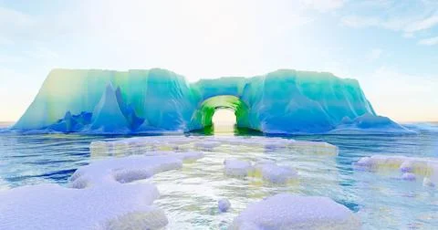 3d rendering. An arctic glacier with an ocean tunnel and small ice floes floa Stock Illustration