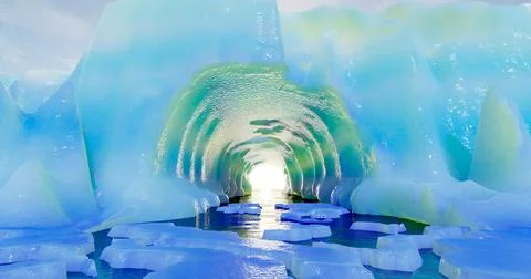 3d rendering. An arctic glacier with an ocean tunnel and small ice floes floa Stock Illustration