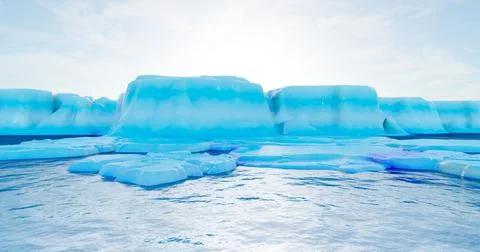3d rendering. An arctic glacier with ocean and small ice floes floating aroun Stock Illustration