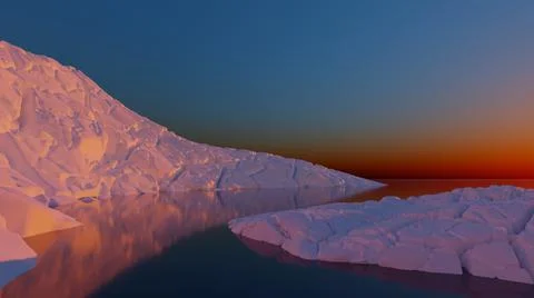 3D rendering of an arctic sunrise or sunset with a glacier and iceberg in Stock Illustration