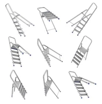 3d rendering of an arrangement of many open steel stepladders on a white Stock Illustration