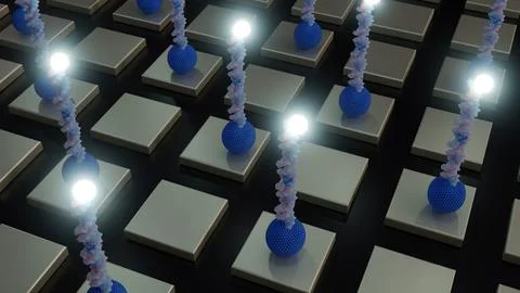 A 3d rendering of array of illuminated DNA biosensors Stock Illustration