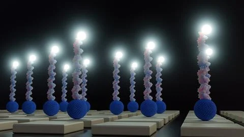 A 3d rendering of array of illuminated DNA biosensors Stock Illustration