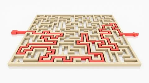 3D rendering Arrow going through the maze. Right solution concept Stock Illustration