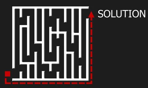 A 3d rendering of an arrow going to the word "solution" outside the maze on a Illustrazione stock