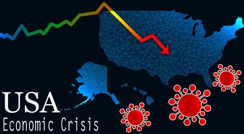 A 3d rendering of an arrow indicating economic crisis in the USA map due to C Stockillustratie
