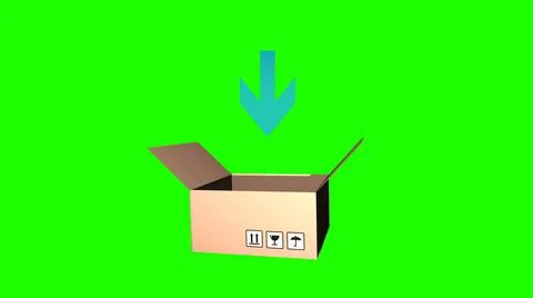 A 3D rendering of an arrow pointing to an open cardboard delivery package iso Stock Illustration