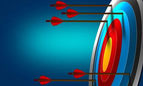 A 3D rendering of arrows stuck everywhere except the center of a target misse Stock Illustration