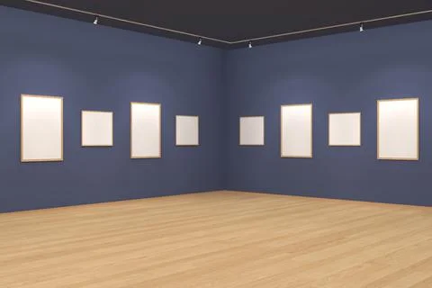 3D rendering of an art gallery with blank frames on walls with space for text Stock-Illustration