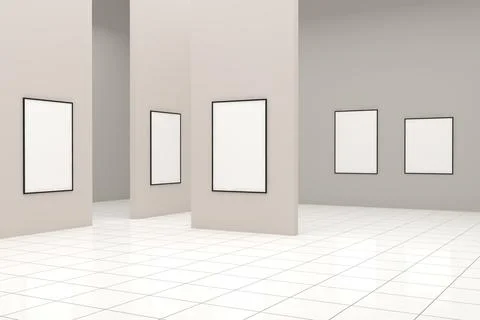 3D rendering of an art gallery with blank frames on walls with space for text Stock Illustration