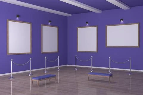 3D rendering of an art gallery with blank frames on walls with space for text Stock-Illustration