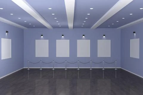 3D rendering of an art gallery with blank frames on walls with space for text 스톡 일러스트