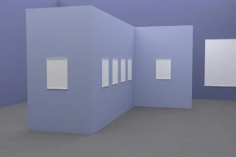 3D rendering of an art gallery with blank frames on walls with space for text Stock Illustration
