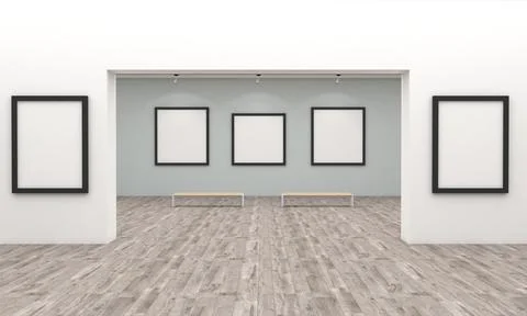 3D rendering of an art gallery with empty frames for Stock-Illustration