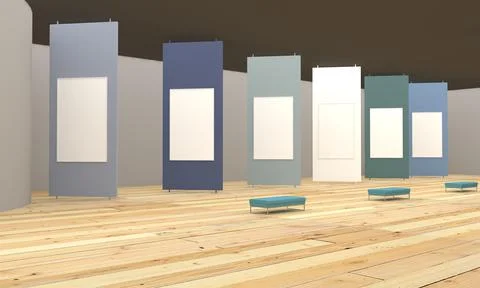 3D rendering of an art gallery with empty frames for pictures Illustrazione stock