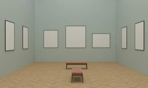 3D rendering of an art gallery with empty frames for pictures Stock-Illustration