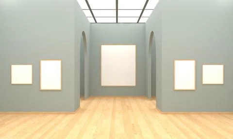 3D rendering of an art gallery with empty frames for pictures 스톡 일러스트