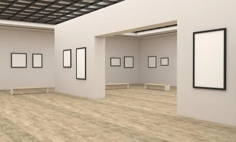 3D rendering of an art gallery with empty frames for your images/text/art Stock Illustration