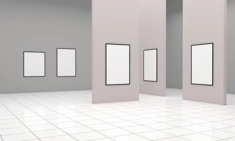 3D rendering of an art gallery with empty frames for your images/text/art Stock Illustration