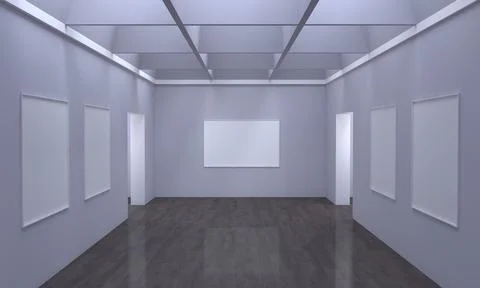 A 3D rendering of an art gallery with empty frames for your images/text/art o 스톡 일러스트