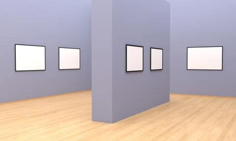 A 3D rendering of an art gallery with empty frames for your images/text/art o イラスト素材
