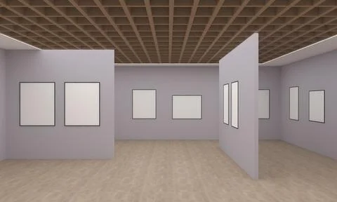 3D rendering of an art gallery with empty frames for your images/text/art Stock-Illustration