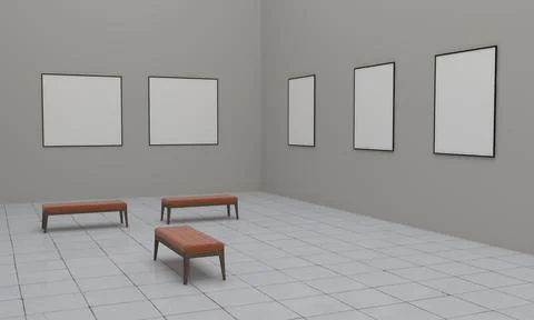 3D rendering of an art gallery with empty frames for your images/text/art Stock-Illustration