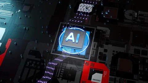 3D rendering artificial intelligence concept Brain over a chip on a circuit.. 스톡 일러스트