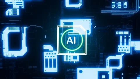 3D rendering artificial intelligence concept Brain over a chip on a circuit.. 库存插图