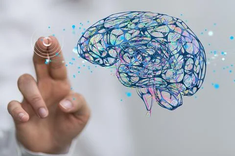 3D rendering of an Artificial Intelligence human brain with a man holding to 스톡 사진