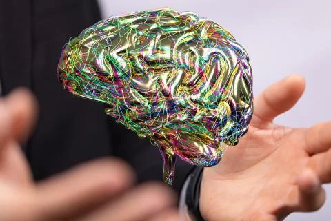 3D rendering of an Artificial Intelligence with a real person holding it Foto stock