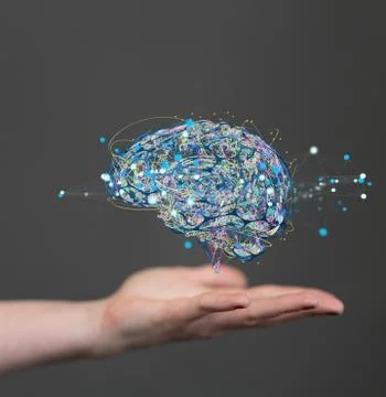 3D rendering of an Artificial Intelligence with a real person holding it 写真素材