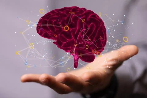 3D rendering of an Artificial Intelligence with a real person holding it 写真素材